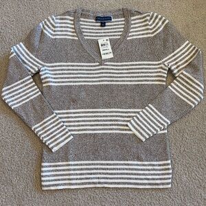 NWT Karen Scott Striped Heathered Chestnut V Neck Sweater